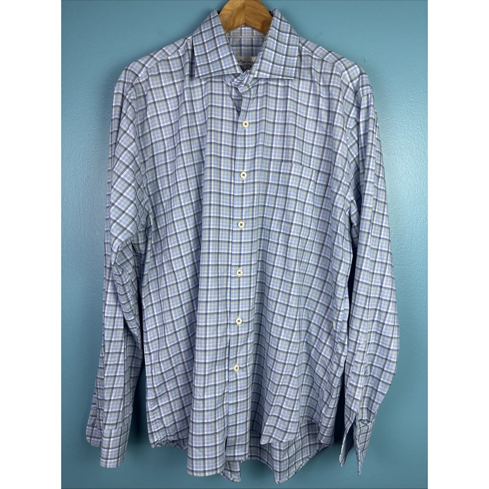 Peter Millar Dress Shirt Mens Size Large Blue Checks Plaid Button Up Long Sleeve